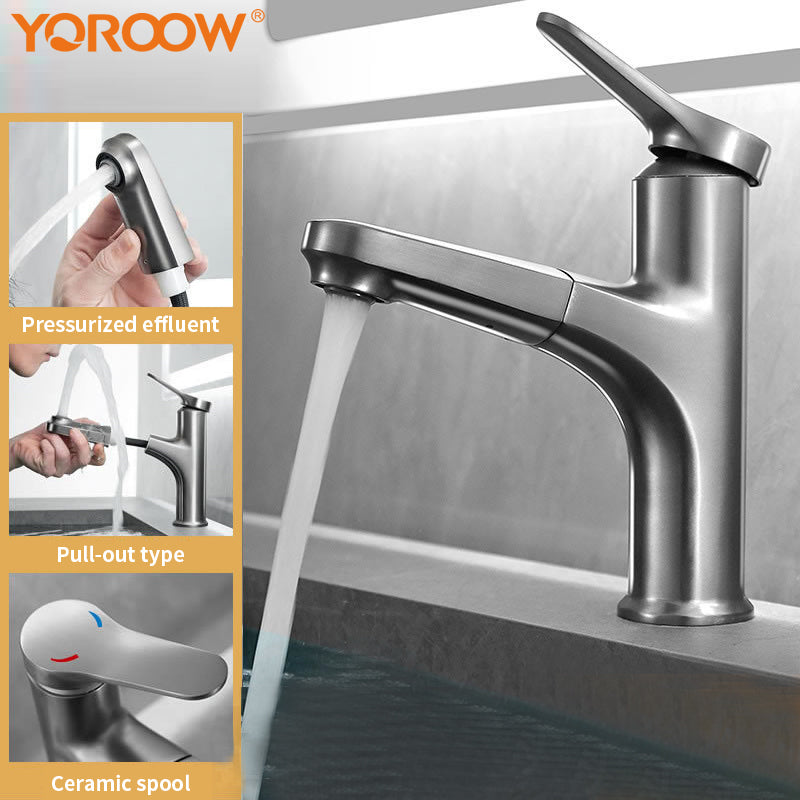 YOROOW Gun-gray Brass Basin Faucet Mixer Pull-out Spray Proof Bathroom Basin Water Tap