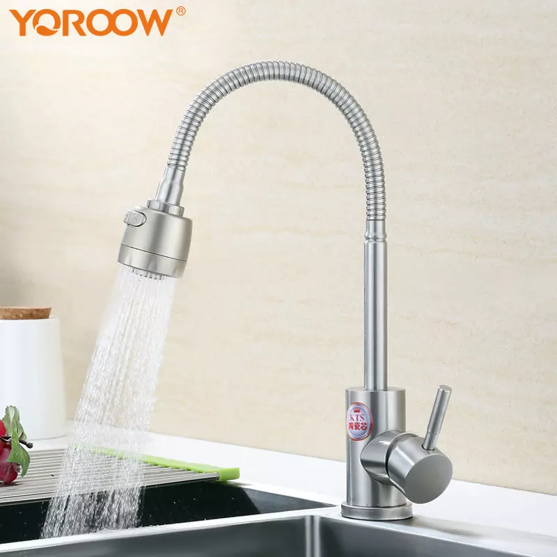 YOROOW China Factory 304 Stainless Steel Kitchen Faucet Mixer Modern Brushed Nickel 360 Degree Swivel Flexible Hose Kitchen Sink Faucet