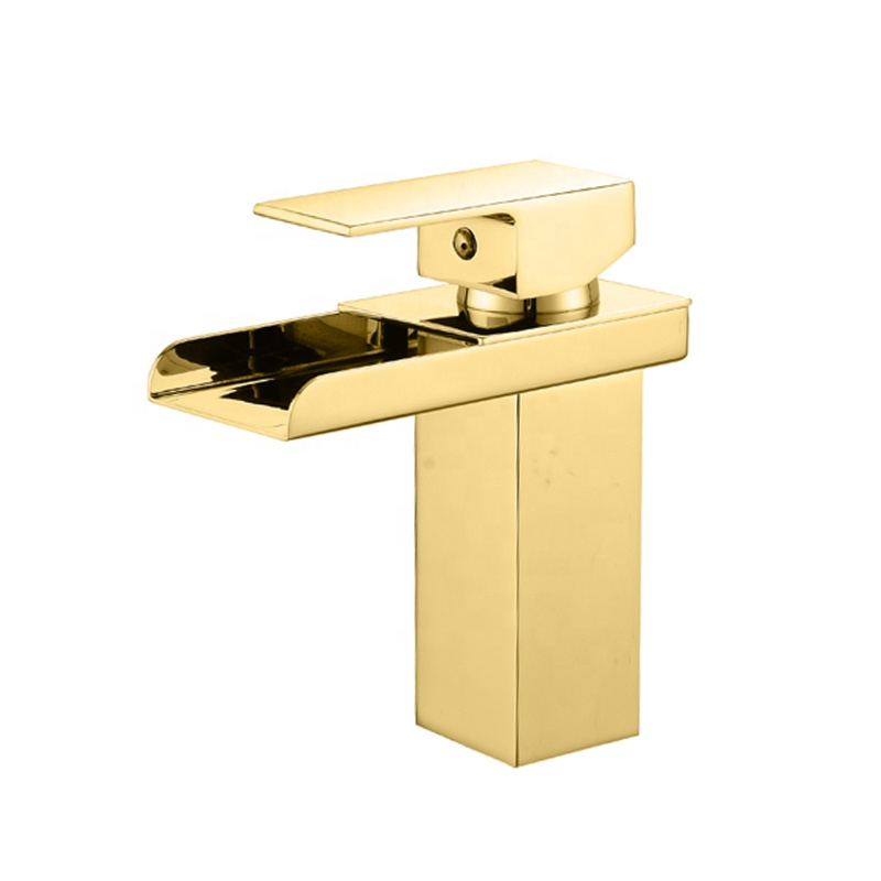 Brass Body Waterfall Commercial Bathroom Sink Faucet Single Handle Golden Basin Faucet Mixer