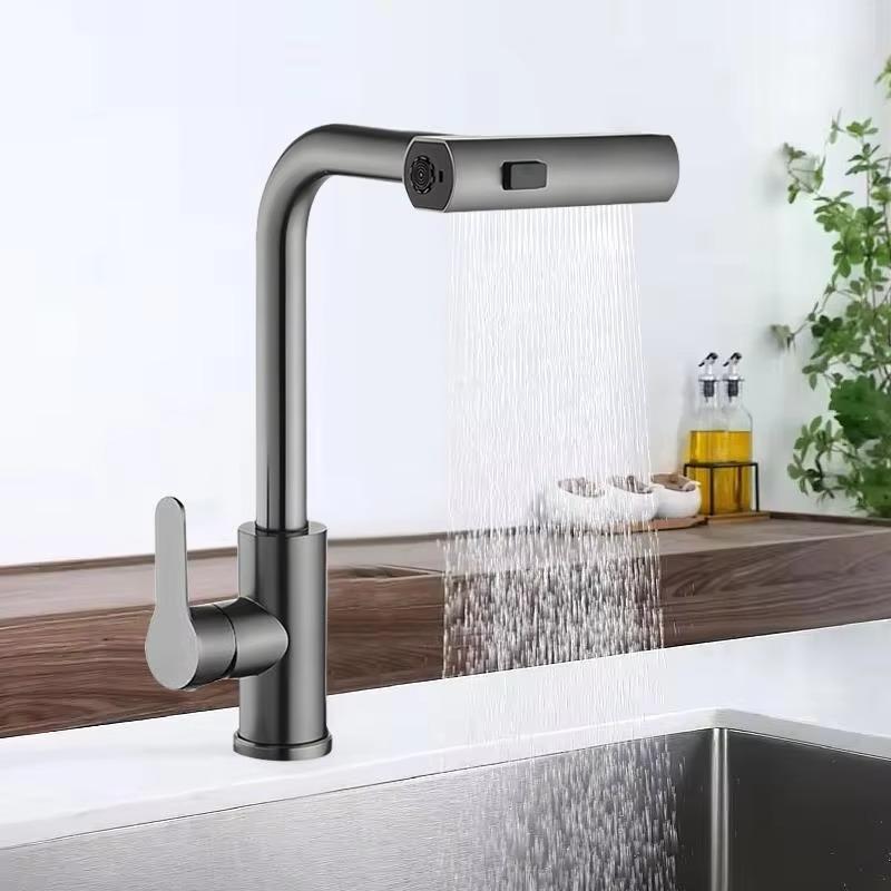 2024123008543264 Luxury Modern Pull-Out Waterfall Mixer Kitchen Faucet 201 Stainless Steel Ceramic Valve Core Commercial Tap Gun Grey