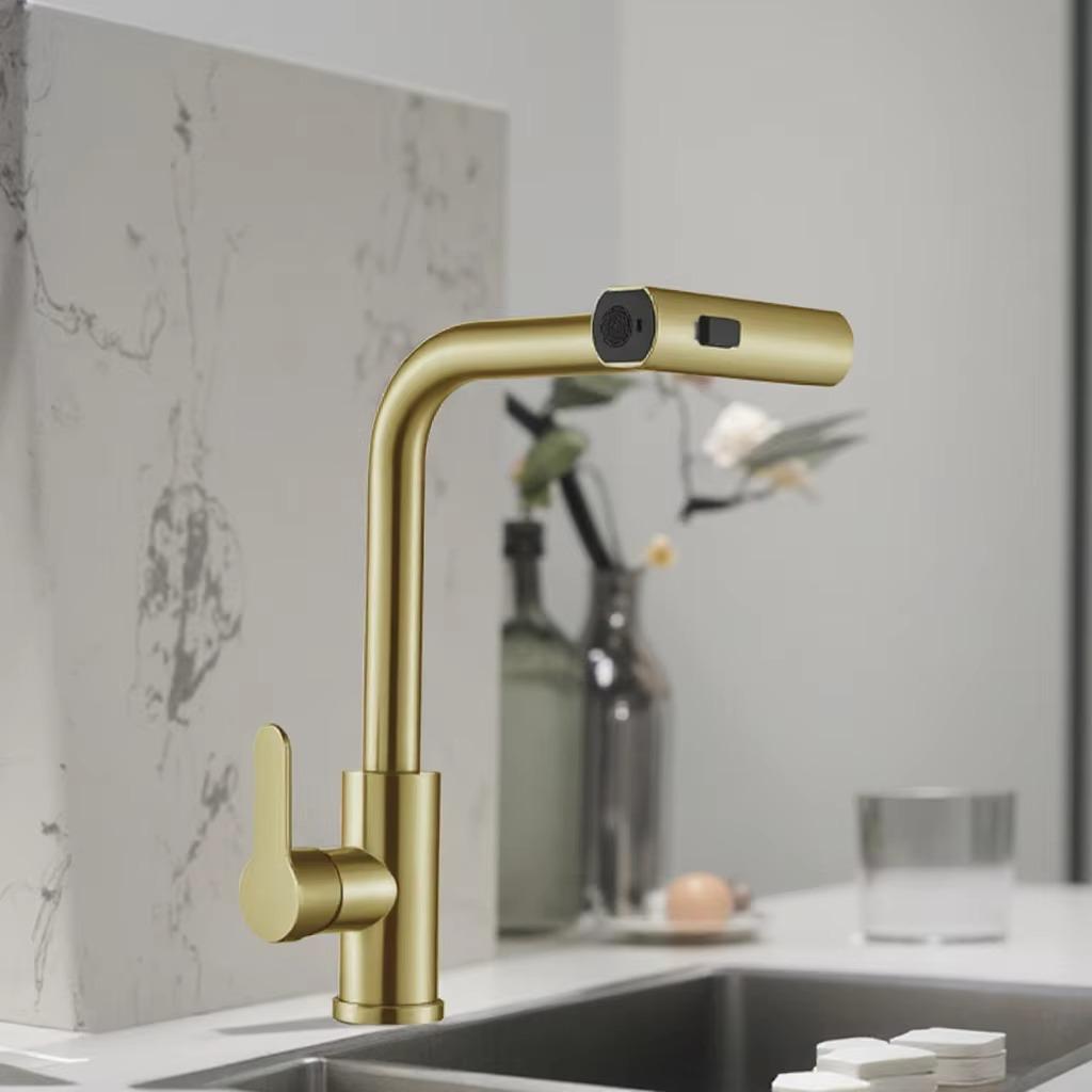 2024123008545053 Luxury Modern Pull-Out Waterfall Mixer Kitchen Faucet 201 Stainless Steel Ceramic Valve Core Commercial Tap Gun Grey