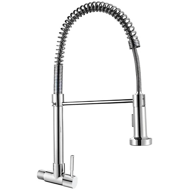 Grifo de cocina monomando de pared de acero inoxidable con resorte de níquel cepillado Tirar pulverizador Grifo mezclador de cocina plegable de una sola palanca de cocina