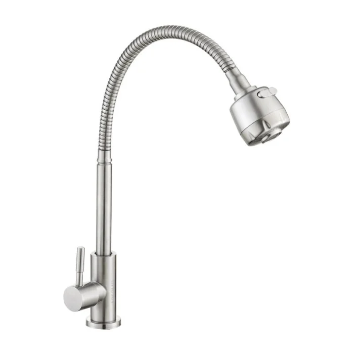 Venta al por mayor de un solo frío grifo de la cocina de latón SUS 304 de acero inoxidable montado en la cubierta con acabado cepillado montado en la pared grifo de agua
