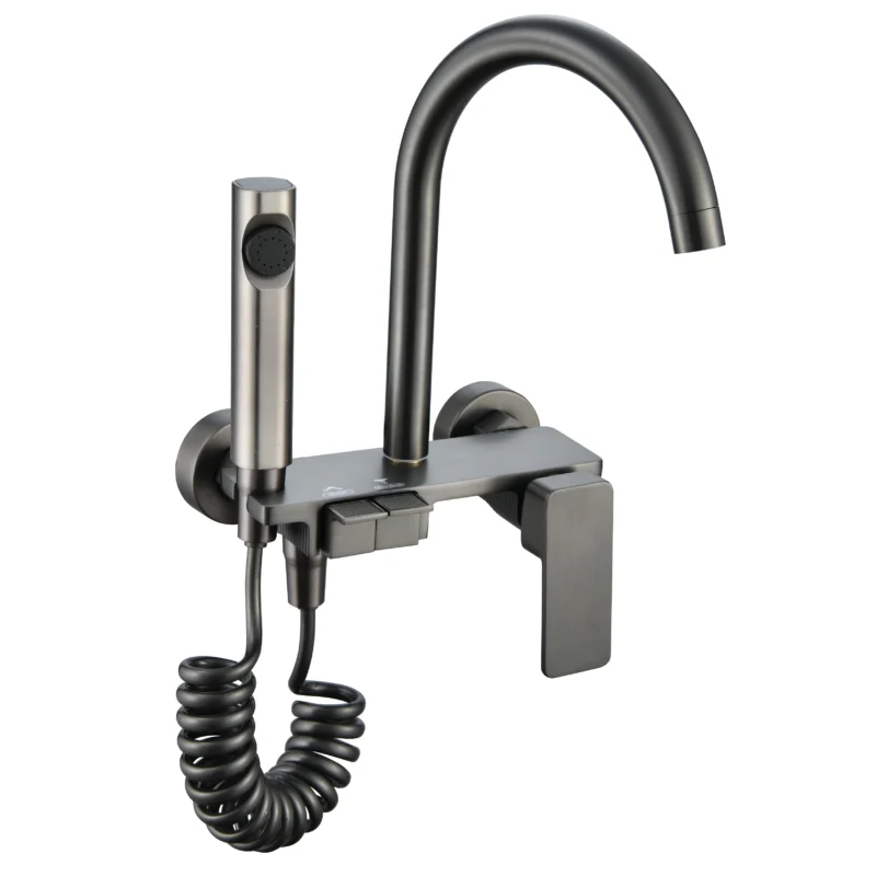 Lujo moderno latón montado en la pared grifo de la cocina flexible pistola gris WaterFall grifo del fregadero grifo de la cocina grifo de la ducha cascada de diseño