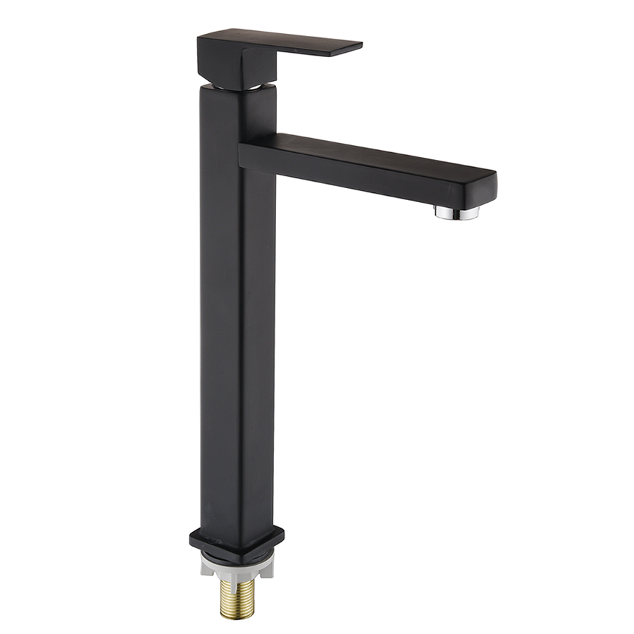 未命名-4.fw Fancy Grifo de lavabo cuadrado negro grifo alto de agua fría con cuerpo de zinc montado en la cubierta de un solo mango para lavabo de baño