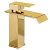金色 Torneira de lavatório quadrada de furo único de alta qualidade com misturador termostático em cascata para casa de banho Escola de design contemporâneo elegante - 7163B6