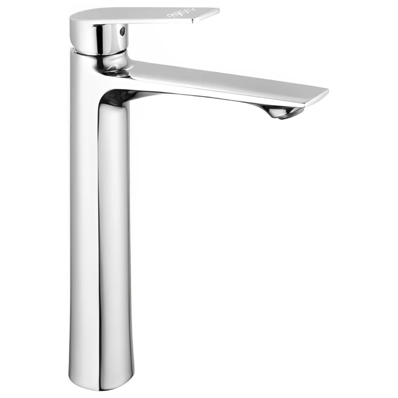 Torneira de lavatório cromada de manípulo único moderna com design robusto de furo único para água quente e fria para a casa de banho doméstica